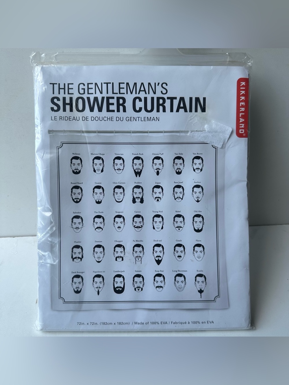 Kikkerland The Gentleman’s Shower Curtain Beard Mustache Guide 72” x 72” New
